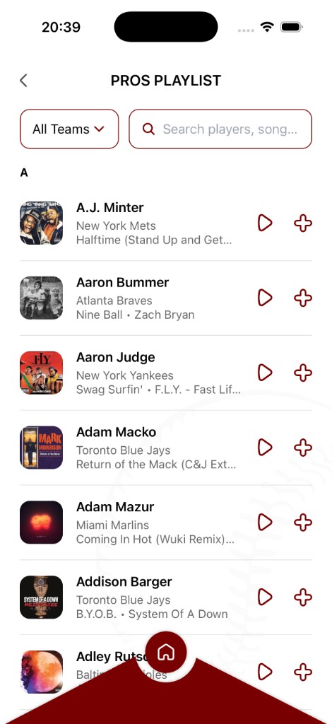 Pros Playlist showing MLB players and their walk-up songs