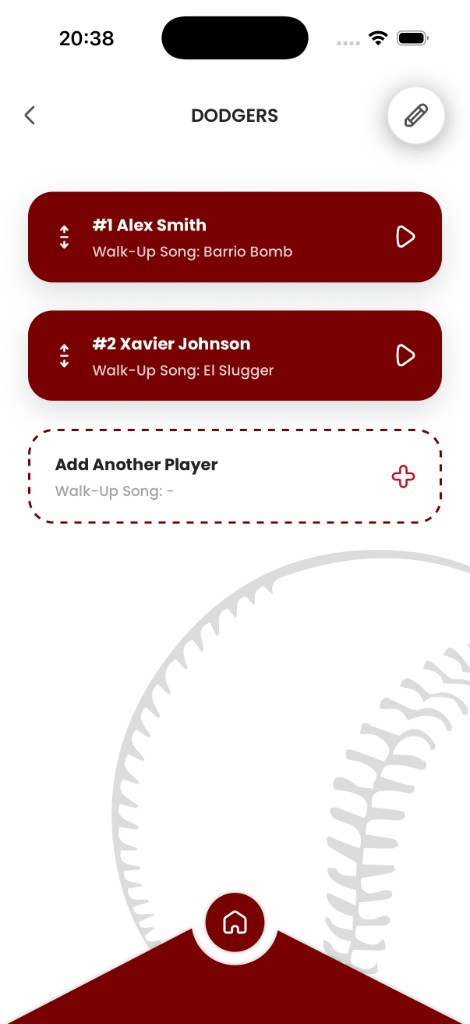 Team roster in the app showing players and their assigned walk-up songs